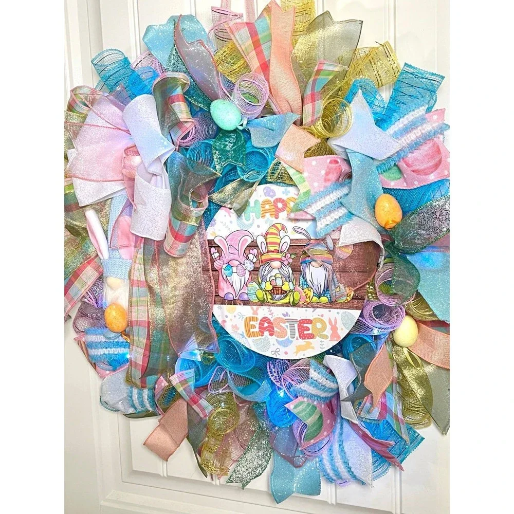 Handmade Easter Bunny Gnome Prelit Ribbon Wreath 22 in LED W10